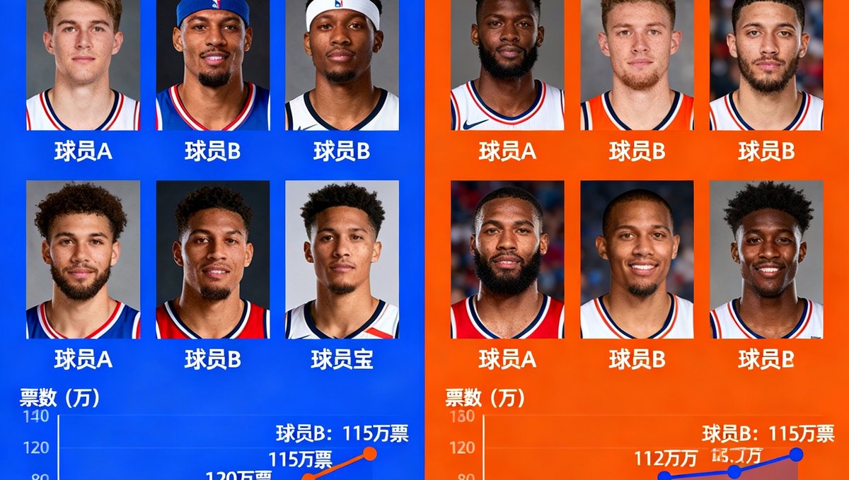 NBA全明星投票中期数据统计图表：东西部票数领先球员头像和得票趋势图
